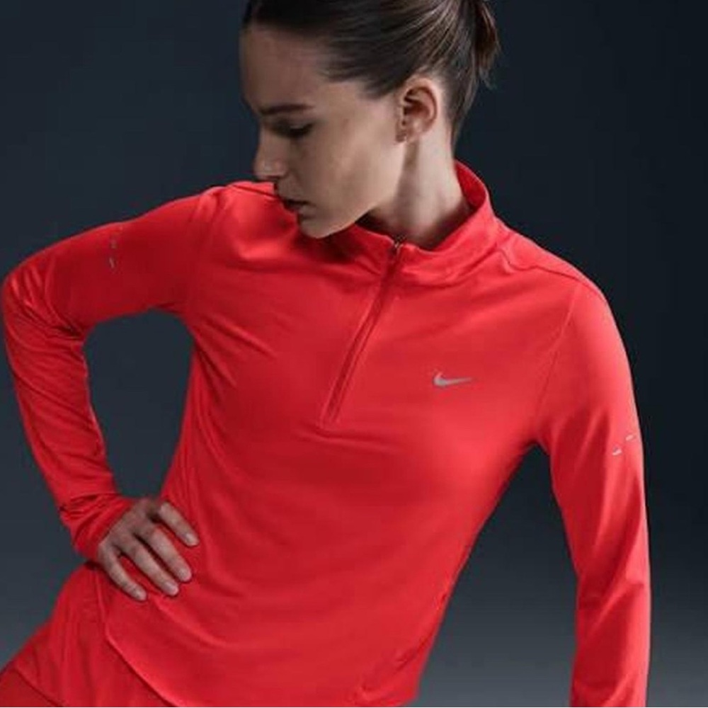Nike Women’s Swift Dri-FIT UV Quarter-Zip Running Top in Crimson w Silver Swoosh